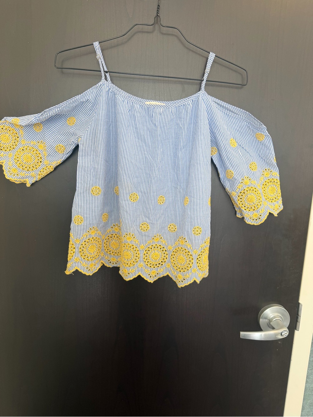 Rebellion Blue and Yellow Off-Shoulder Eyelet Top Medium